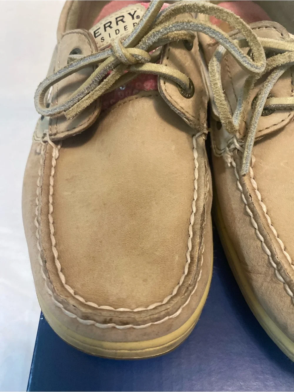 Sperry Bluefish Linen Rose Plaid Sequin Tan & Pink Leather Sequin Boat Shoes 9